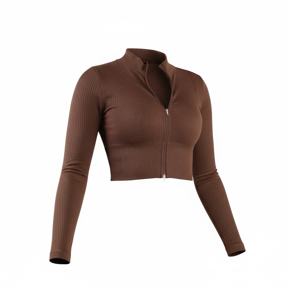 Brown Ribbed Cropped Zip-Up Sweater – Size S - Picture 4 of 6